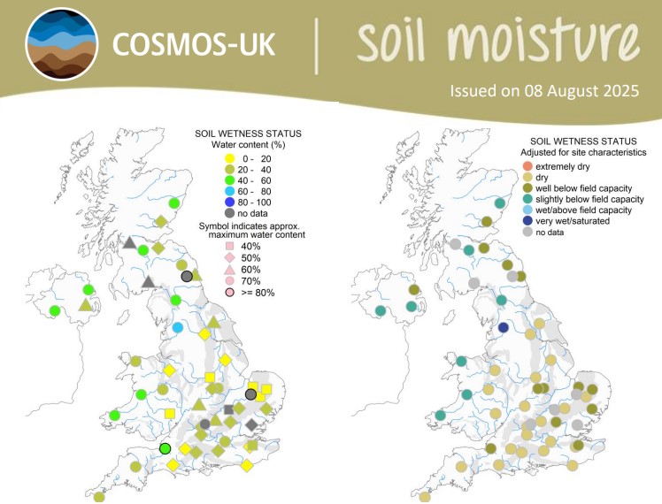 COSMOS-UK Soil Moisture summary for July 2025