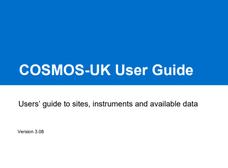 Screenshot of the front page of the COSMOS-UK User Guide - text reads '[UKCEH logo], COSMOS-UK User Guide, Users' guide to sites, instruments and available data, version 3.08, [COSMOS-UK logo]'